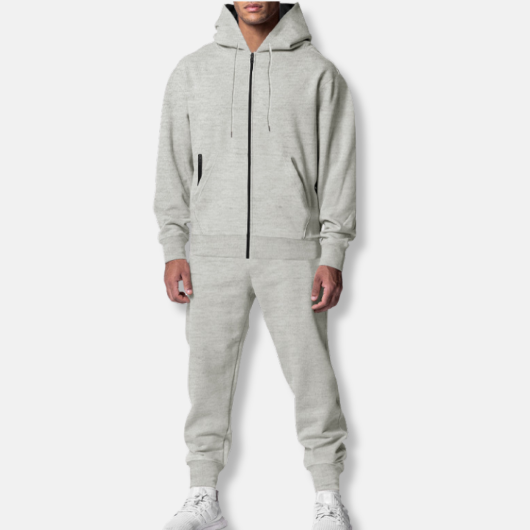 Men's Relaxed Fit Tracksuit – Zip-Up Hoodie with Pockets – Ribbed Cuffs Light Grey
