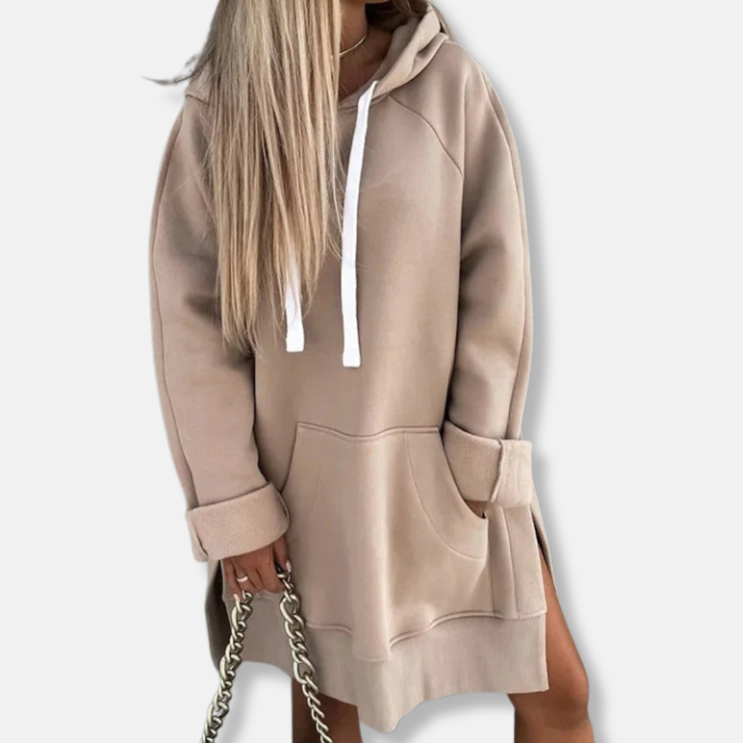 Women's Oversized Hoodie Dress – Cotton Blend with Hood and Kangaroo Pocket Beige