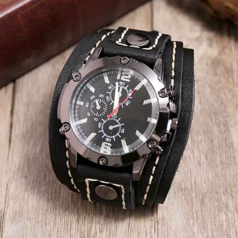 Men's Leather Watch with Rugged Armor Design Black
