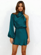 Women's Asymmetrical One-Shoulder Dress – Long Sleeve – Luxe Satin Finish – Fitted Style Lake Blue