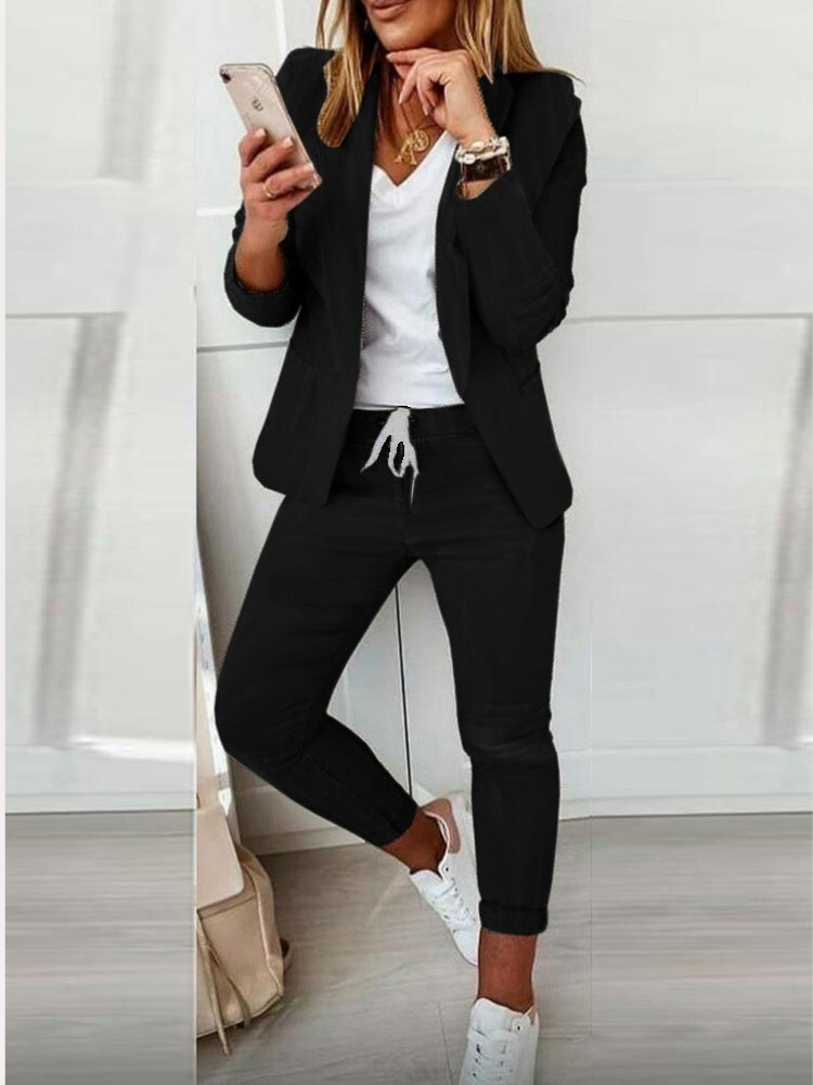 Women's Relaxed Blazer & Jogger Pants Suit Set – Ankle Length – Comfortable Smart Casual Outfit Black