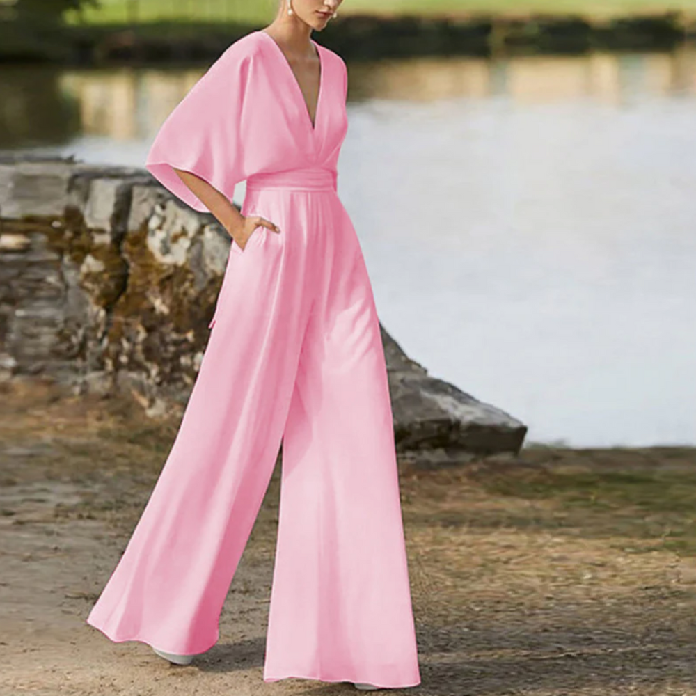 Women's Relaxed Fit Jumpsuit – Deep V-Neck, Half Sleeves, Wide Legs – Breathable Design Pink