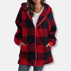Women's Oversized Checked Hoodie – Soft Knit with Hood and Zipper Red