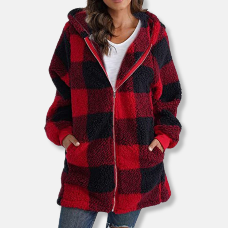 Women's Oversized Checked Hoodie – Soft Knit with Hood and Zipper Red