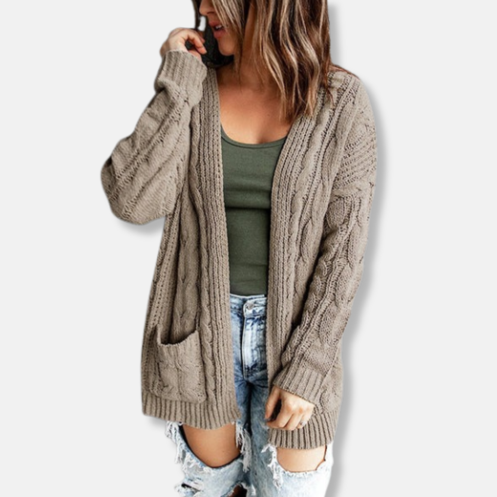 Women's Relaxed Fit Cable Knit Cardigan with Open Front and Pockets - Wool Blend Khaki