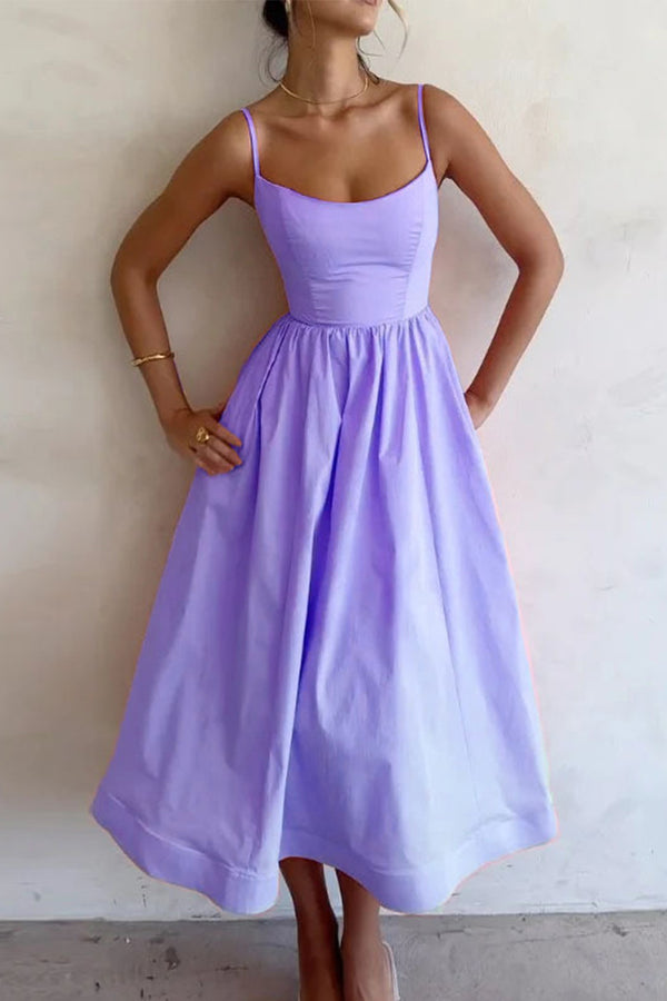 Evira | Women's Midi Evening Dress with U-Neck and Flared Skirt Purple