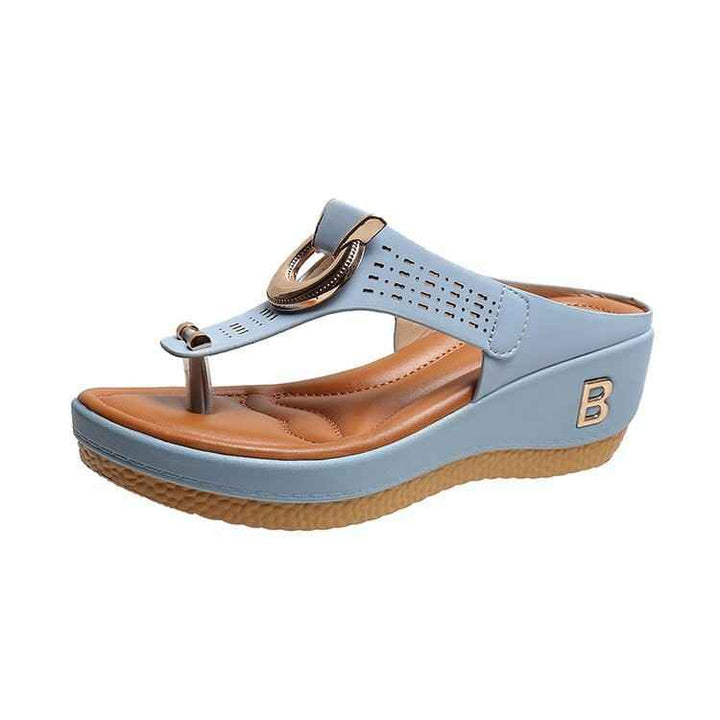 Women's High Heel Wedge Thong Sandals with Metal Accents Sky blue
