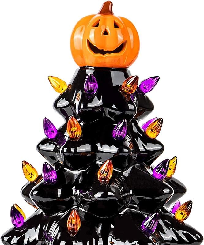 Halloween's LED Ceramic Holiday Tree with Purple Orange Beads Finish