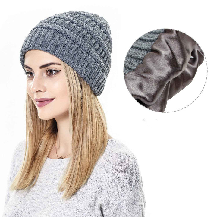 Warm Woolen Knit Satin Hats for Women's Protective Hairstyles
