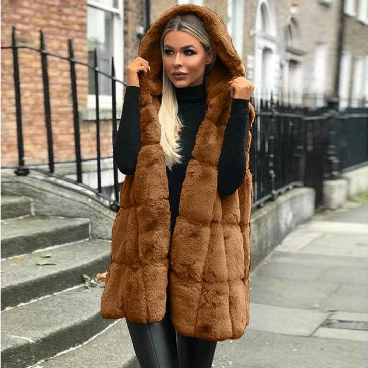 Women's Oversized Hooded Bodywarmer – Padded Teddy Texture – Casual Layer Brown