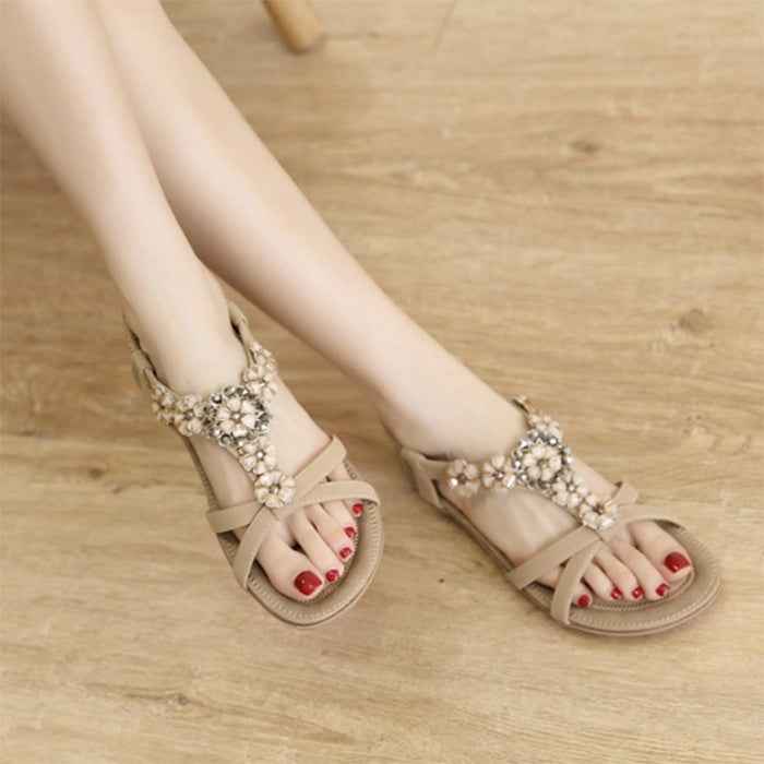 Sandals Women's Bohemian Flowers Rhinestone Flats Beach Shoes