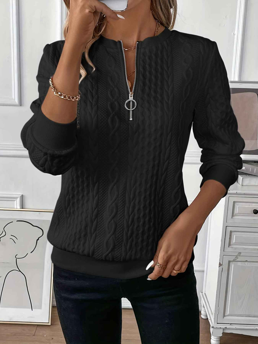 Women's Cable Knit Sweater - Round Neck, Long Sleeve, Zipper Detail Black