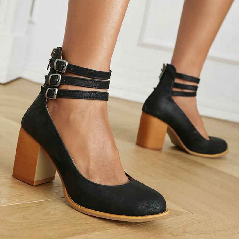 Casilda | Smooth Sandals with Ankle Strap and Thick Heel Black