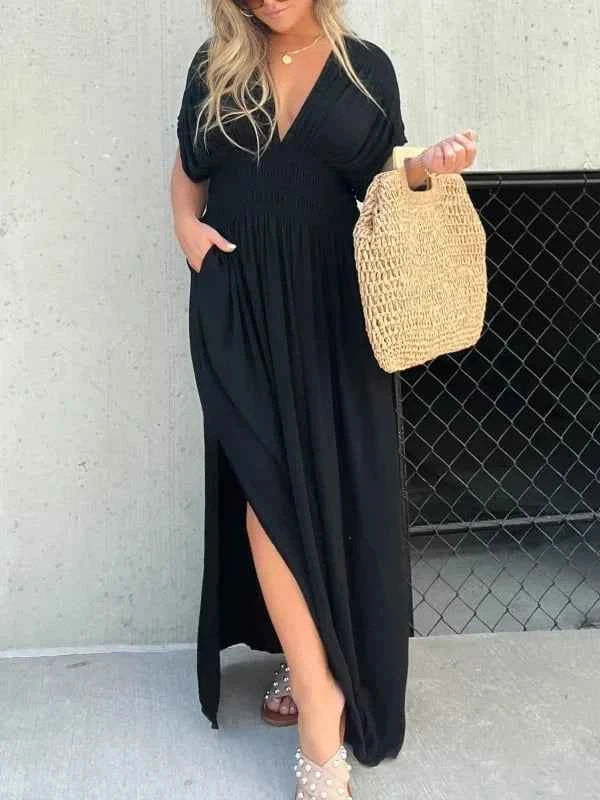 Women's Elegant Deep V-Neck Maxi Dress - Tailored Fit with Split Skirt Black