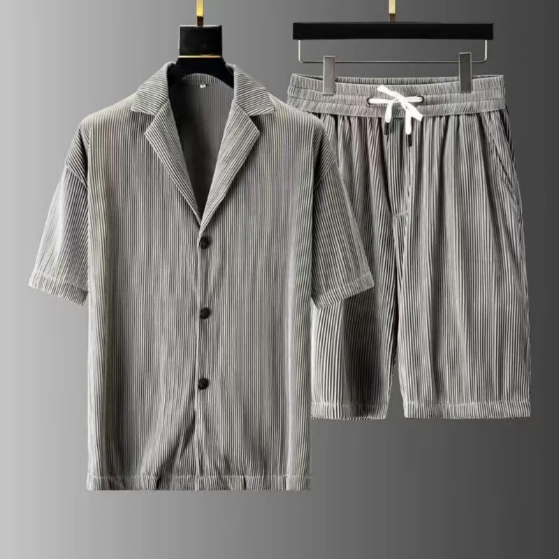 Men's Polo and Shorts Set – Relaxed Fit – Ribbed Texture – Breathable Fabric Grey