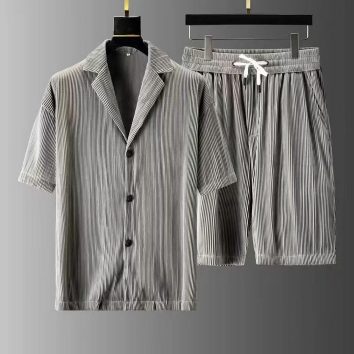 Men's Polo and Shorts Set – Relaxed Fit – Ribbed Texture – Breathable Fabric Grey