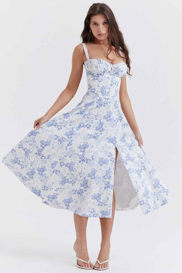 Sally | Spring Dress - Floral Print Party Dress Blue - Flower Print