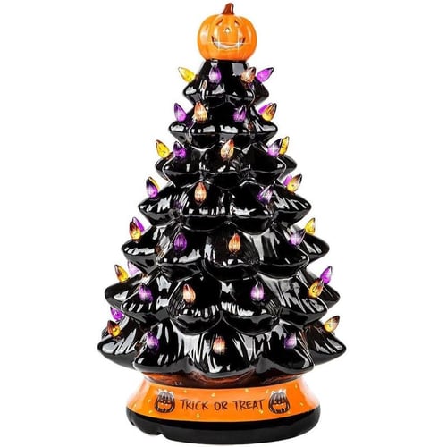 Halloween's LED Ceramic Holiday Tree with Purple Orange Beads Finish Black