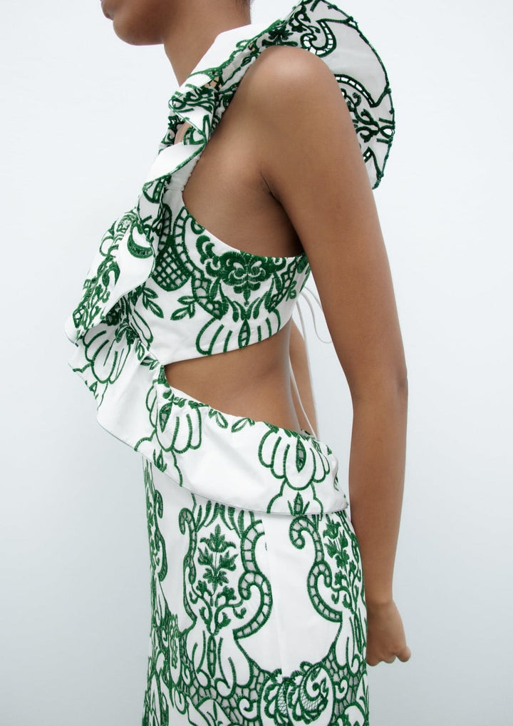 Amalia | Women's Long Cotton Summer Dress with Open Back – White-Green