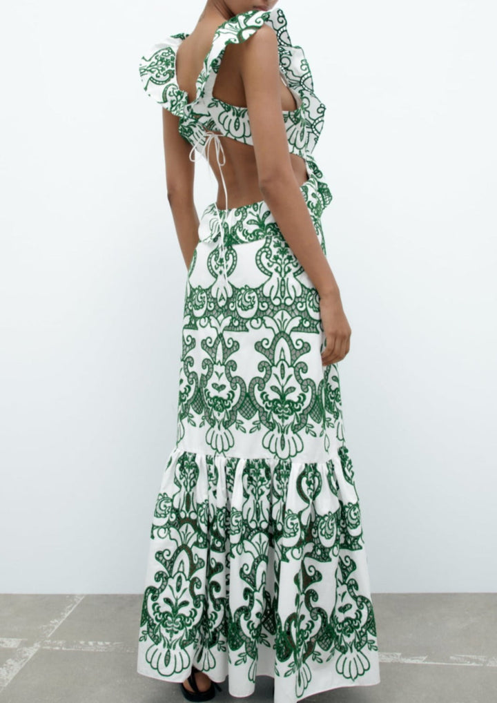 Amalia | Women's Long Cotton Summer Dress with Open Back – White-Green