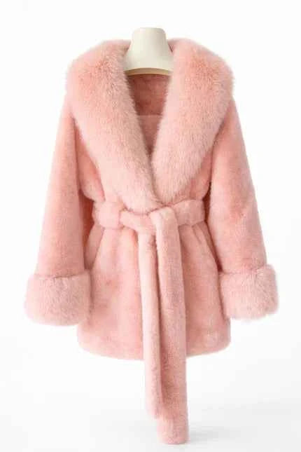 Women's Plush Faux Fur Trim Belted Coat with Statement Collar Peach