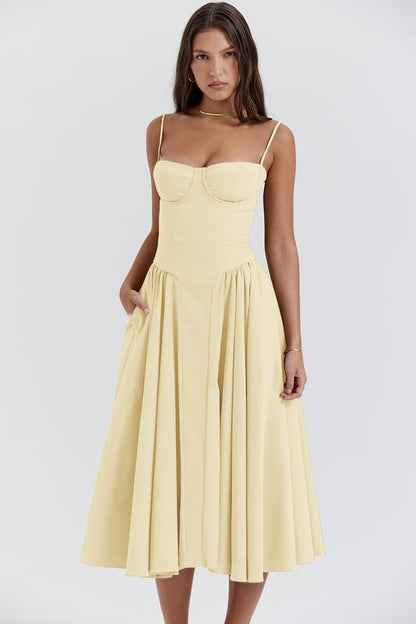Women's A-Line Midi Dress with Corset Top and Spaghetti Straps – Lightweight Fabric Yellow