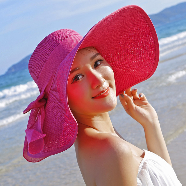 Beach sun protection straw hat Rose Red