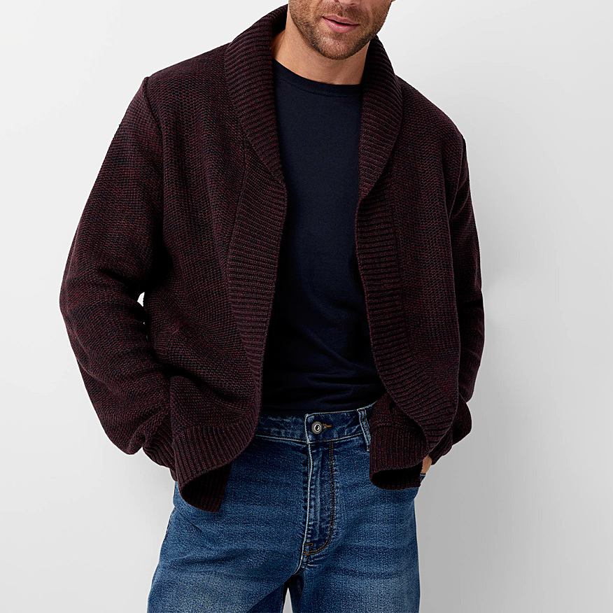 Men's Knitted Cardigan - Loose Fit Shawl Collar - Long Sleeve Casual Wear Burgundy