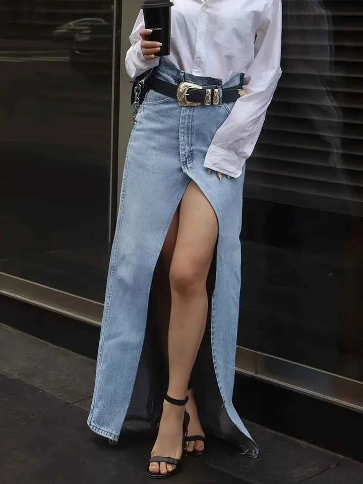 Women's High Waist Denim Maxi Skirt - Front Split - Casual Elegant Style Light Blue