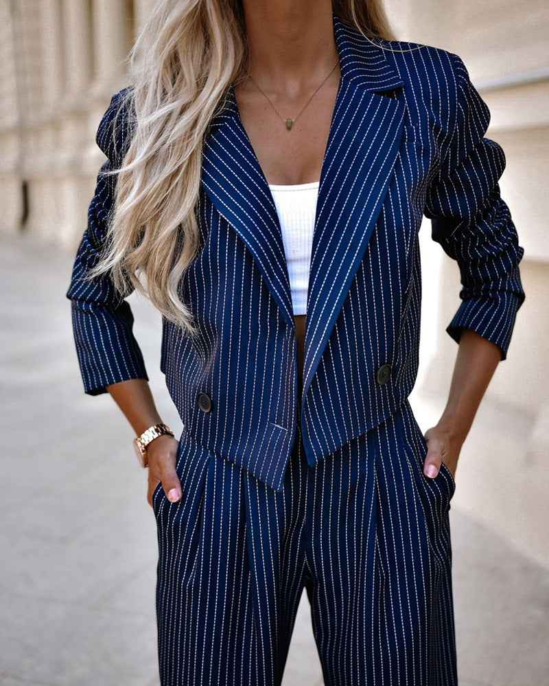 Women's Cropped Blazer Suit Set with Tailored Fit & High Waist Wide Leg Trousers – Pinstripe Design Blue