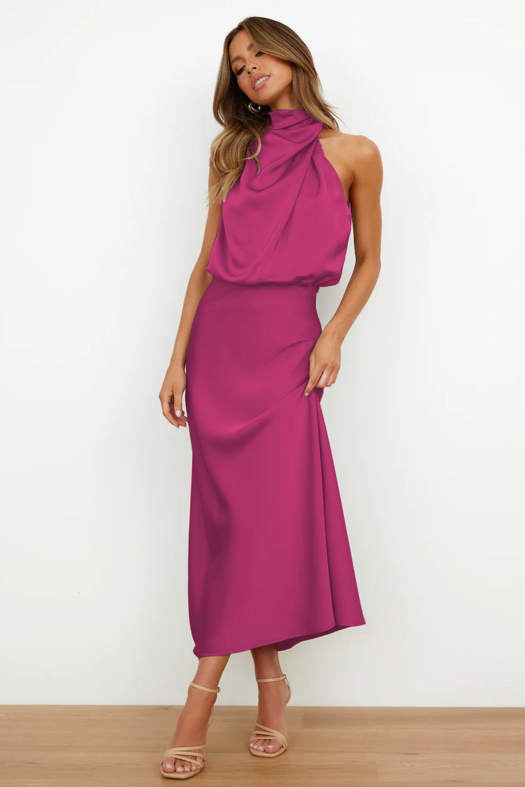 Women's Long Satin Halterneck Dress Pink