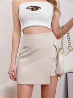 Women's High Waist Mini Skirt - Elegant Textured Fabric with Side Slit