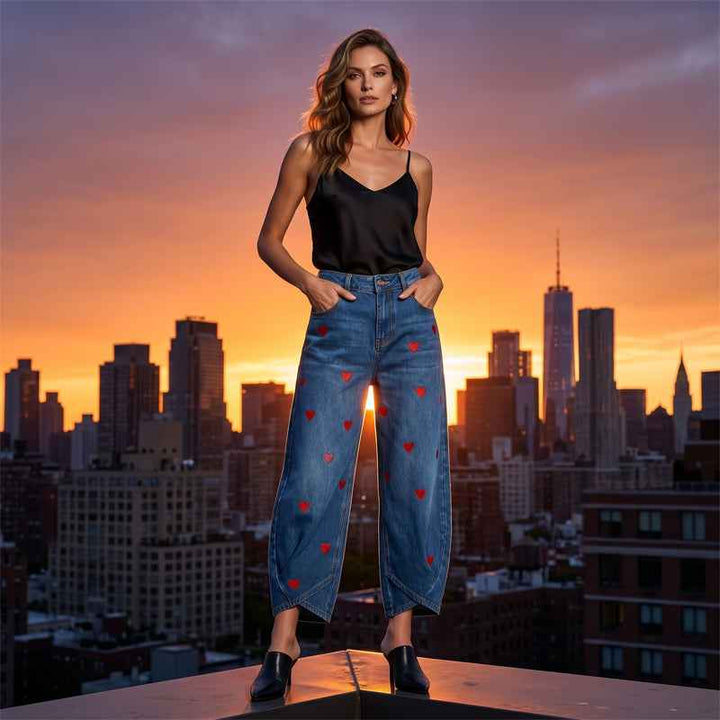 Women's Heart Print Barrel Leg Jeans