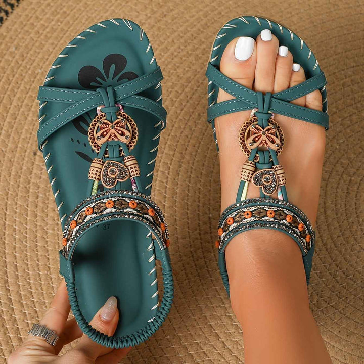Women's Large Size Flat Bottom Flower Rhinestone Sandals Dark Green