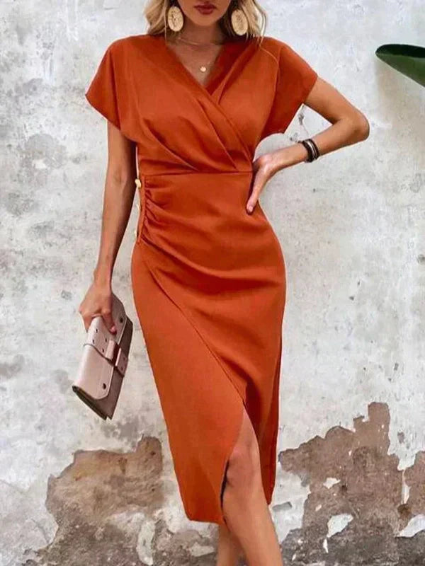 Elegant Satin Summer Midi Dress with V-Neck for Women
