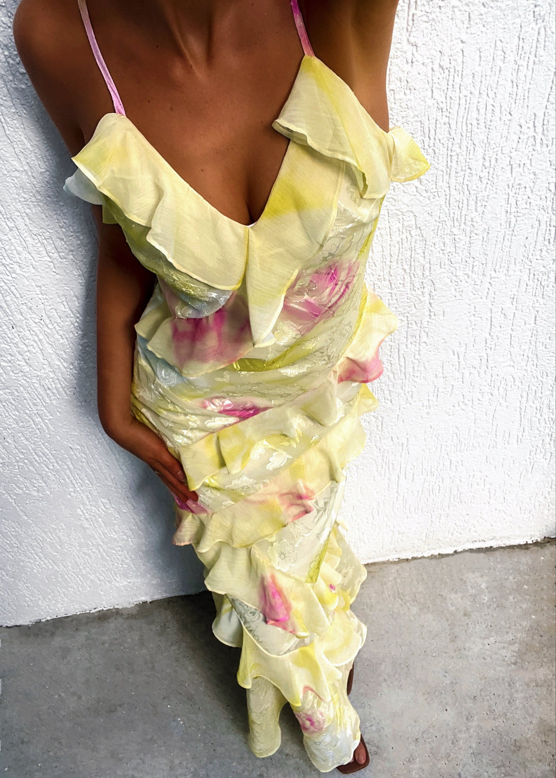 Mea | Women's Yellow Chiffon Maxi Dress with Ruffles