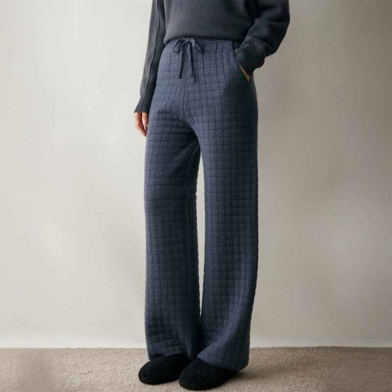 Women's Relaxed Fit Quilted Wide Leg Pants with Drawstring Gray blue