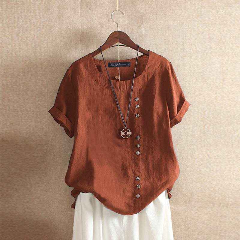 Women's Short Sleeve Button-Up Linen Blouse Brown