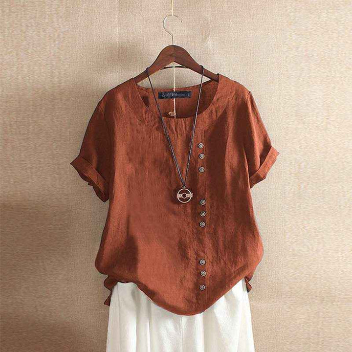 Women's Short Sleeve Button-Up Linen Blouse Brown