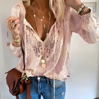 Women's Loose Fit Blouse - Lace Detail V-Neck with Tie - Lightweight Fabric