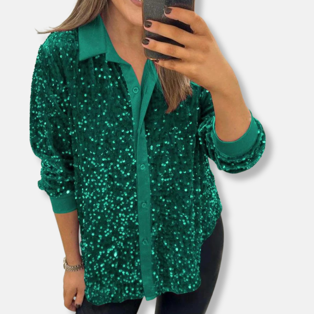 Women's Relaxed Fit Sequin Blouse with Button Closure – Festive Shine Green