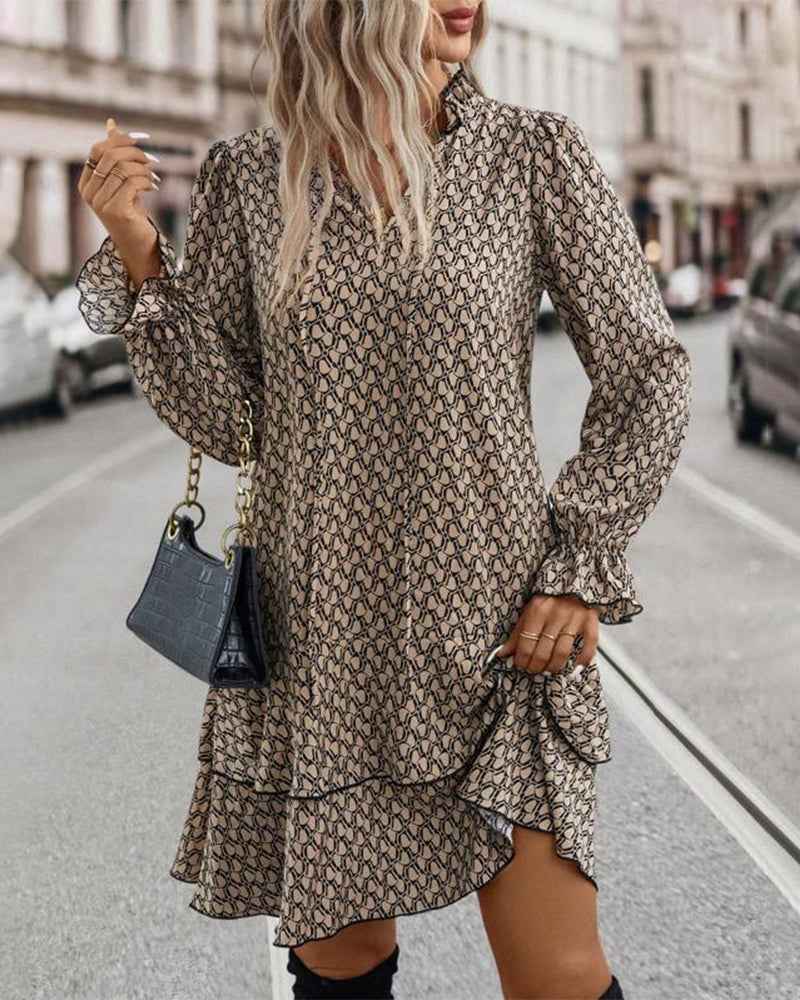 Women's V-Neck A-Line Dress - Long Puff Sleeves with Ruffles and Pattern