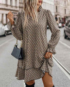 Women's V-Neck A-Line Dress - Long Puff Sleeves with Ruffles and Pattern