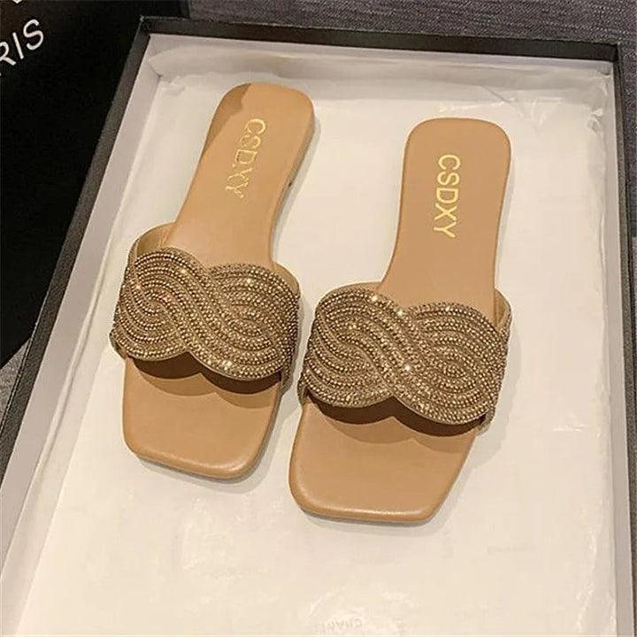 Women's Shiny Rhinestone Flat Sandals – Big Size 35-42 Glitter Slip-On Slides Khaki