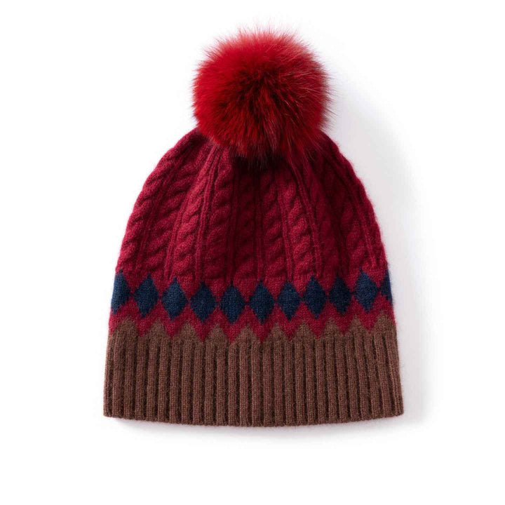 Cozy Cable Knit Beanie with Fur Pom-Pom Wine Red