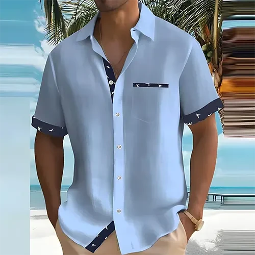 Men's Breathable Short Sleeve Summer Shirt - Stylish Design Blue