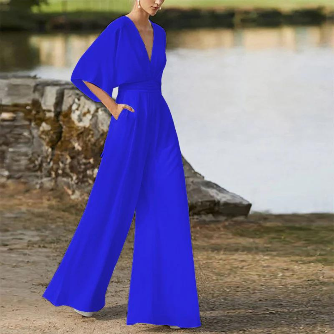 Women's Relaxed Fit Jumpsuit – Deep V-Neck, Half Sleeves, Wide Legs – Breathable Design Royal Blue