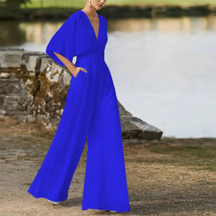Women's Relaxed Fit Jumpsuit – Deep V-Neck, Half Sleeves, Wide Legs – Breathable Design Royal Blue