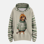 Women's Relaxed Fit Hoodie – Fleece Feel with Cartoon Dog Print & Striped Sleeves Green