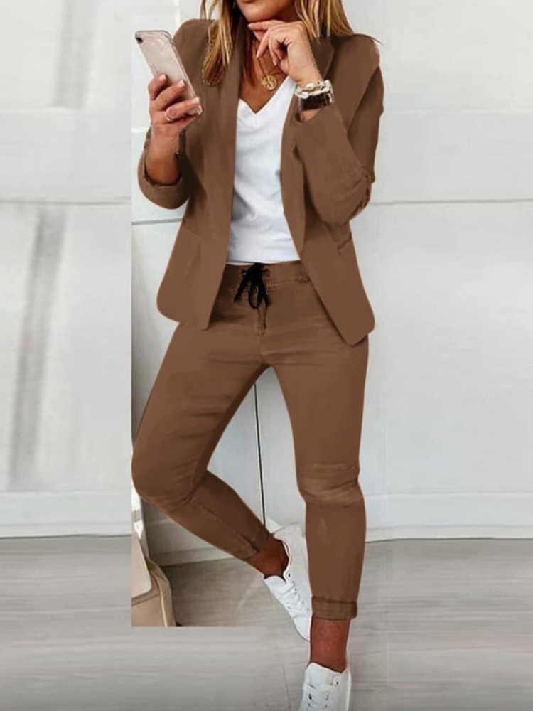 Women's Relaxed Blazer & Jogger Pants Suit Set – Ankle Length – Comfortable Smart Casual Outfit Brown